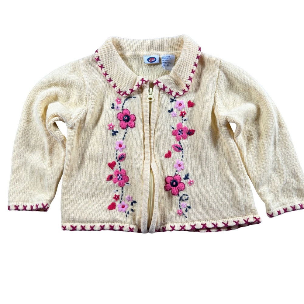 Kiks Yellow Floral Embroidered Zip Up Knit Cardigan Sweater Girls 3T grandmacore